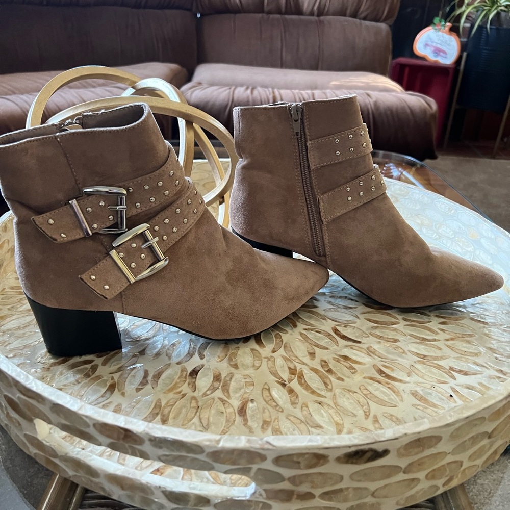 Tan Suede Studded Buckle Boots